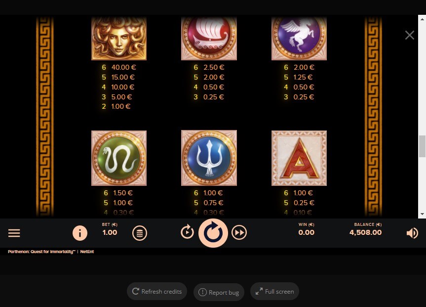 Parthenon Quest for Immortality Online Slot Game Paytable