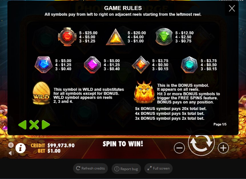 phoenix forge paytable