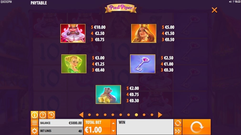 Quickspin Pied Piper Slot Reels Paytable