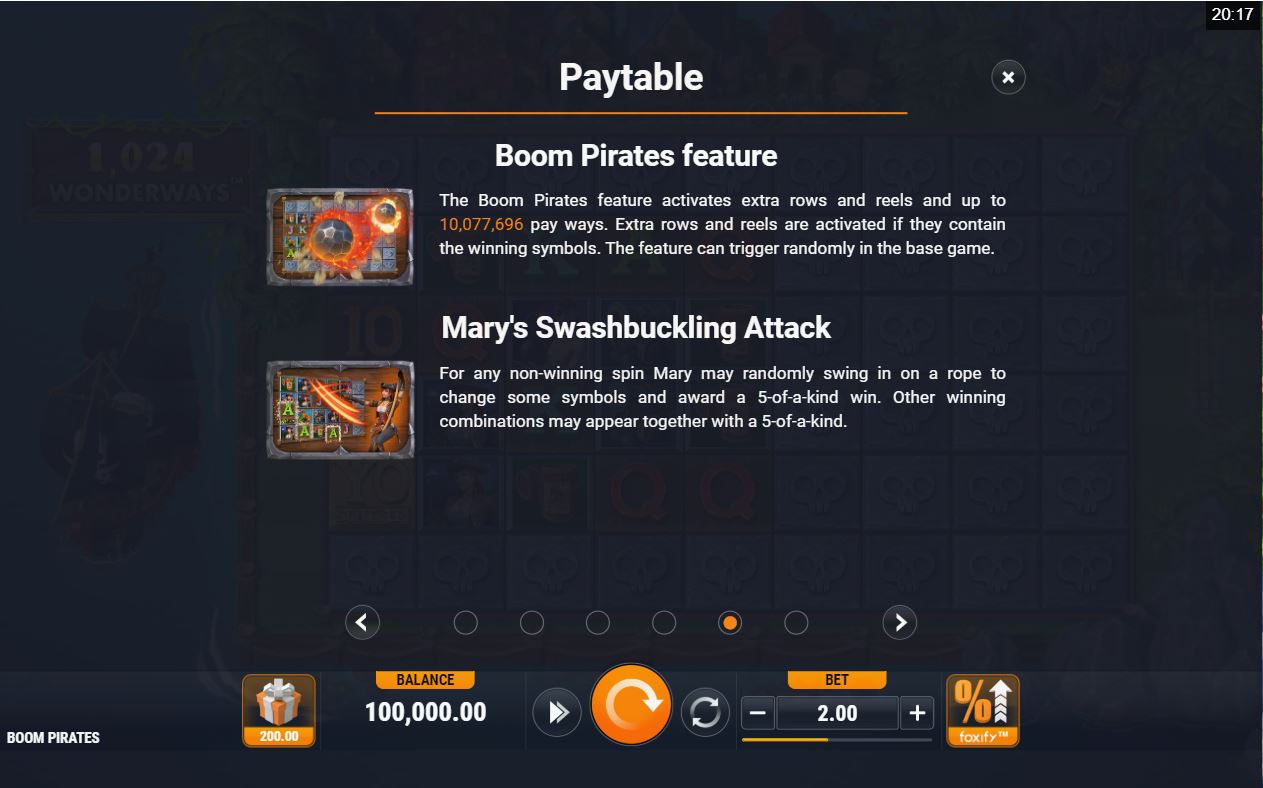 MicroGaming Boom Pirates online casino slot gameplay main screen paytable scatter symbols free spins feature 