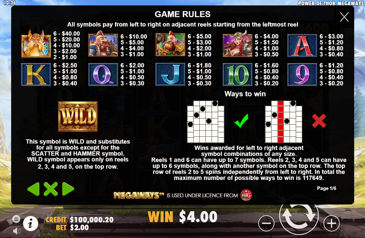 Power of Thor Megaways Online Slot Game Paytable