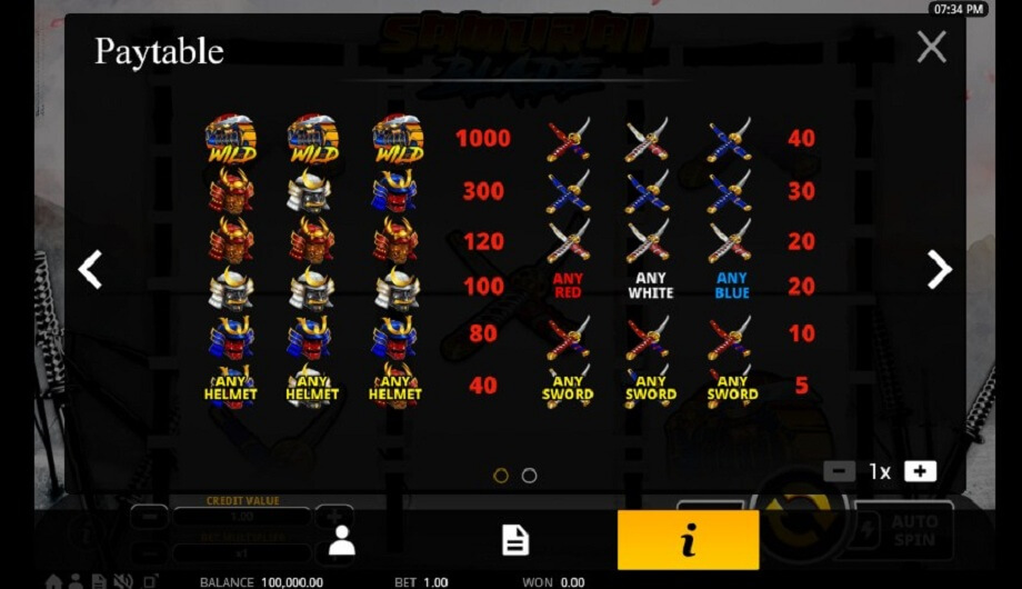 samurai blade paytable