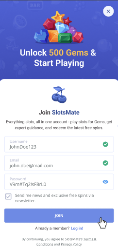 slotsmate filled log in pop-up