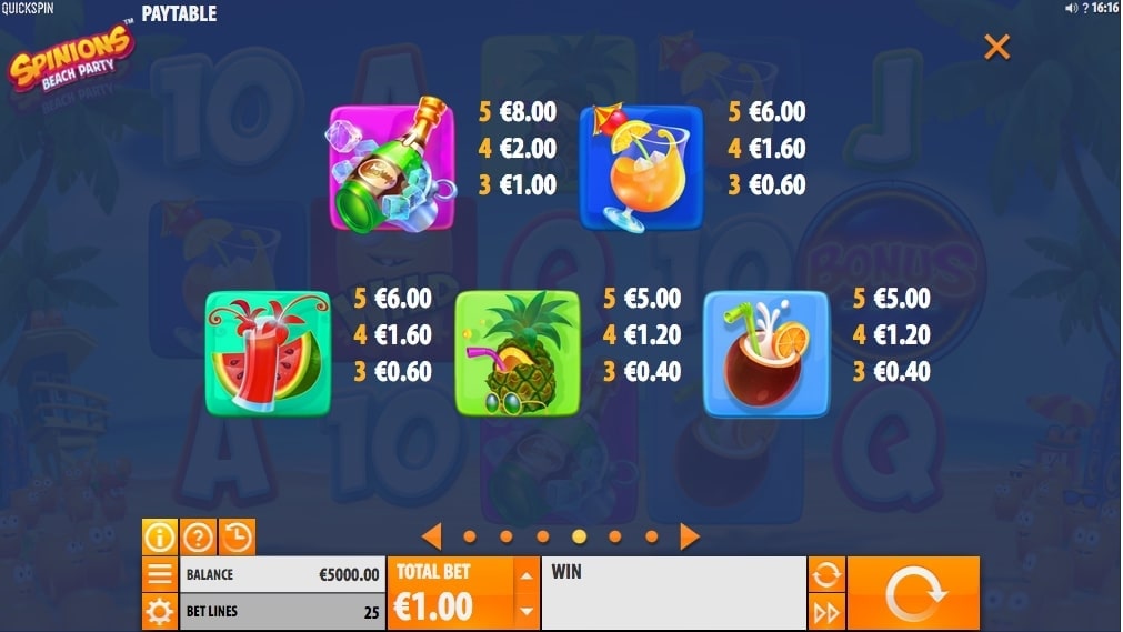 Quickspin Spinions Beach Party Slot Paytable