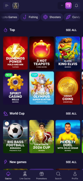 spirit casino main page layout