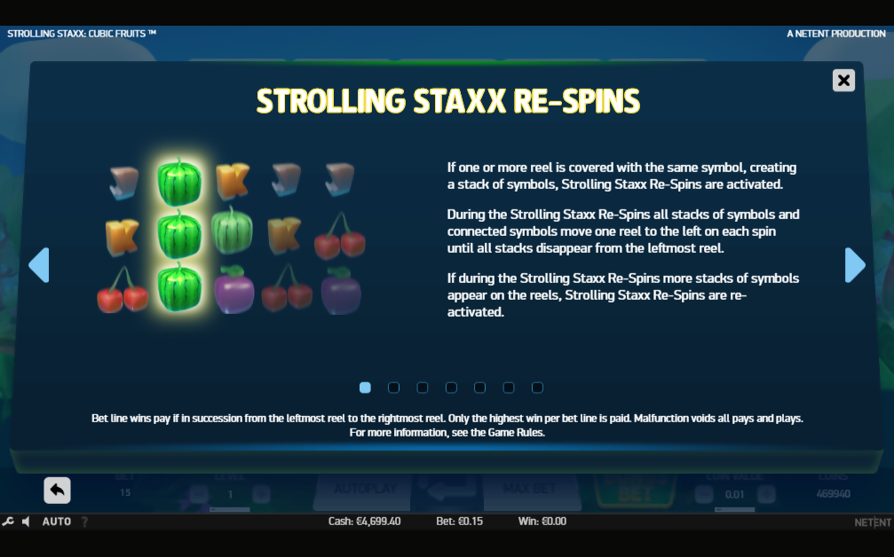 NetEnt Strolling Staxx online slot game main screen gameplay respins feature