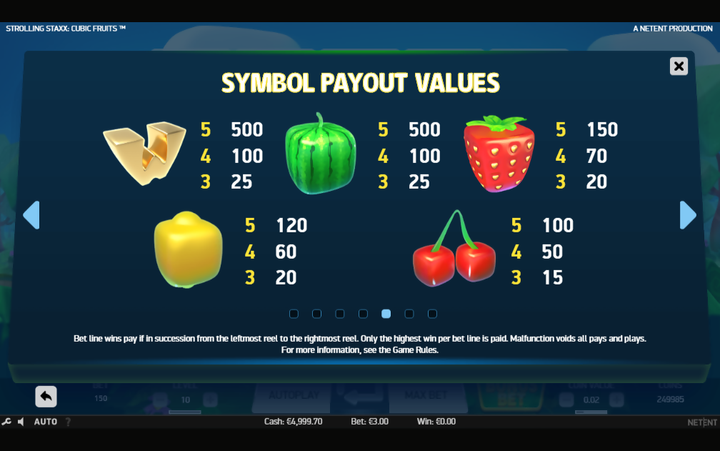 NetEnt Strolling Staxx online slot game main screen gameplay scatter symbol payout watermelon fruit slots
