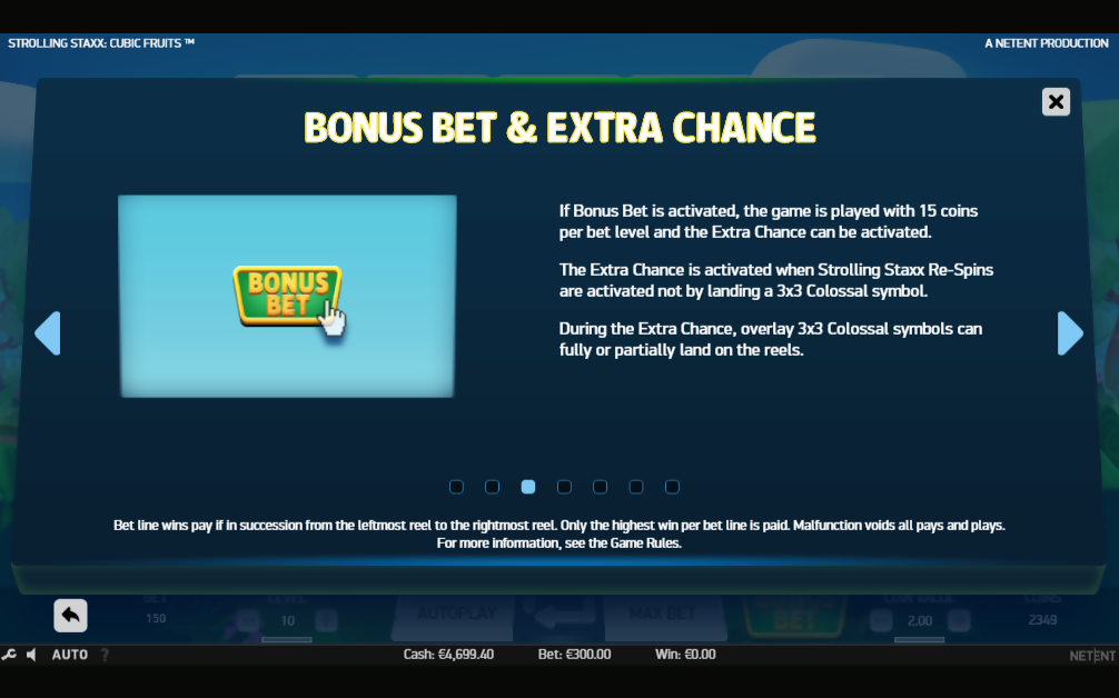 NetEnt Strolling Staxx online slot game main screen gameplay feature bonus bet