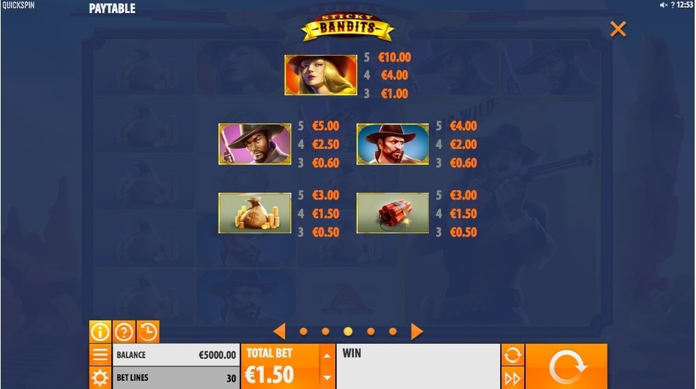 Quickspin Sticky Bandits Slot Paytable