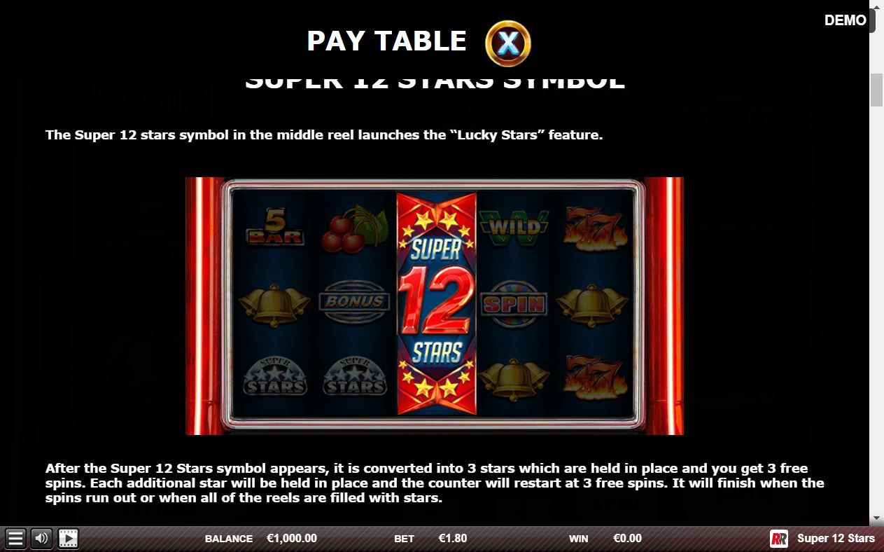Red Rake Gaming Super 12 Stars Slot Overview main screen gameplay slotsmate scatter symbols payout win lucky star bonus free spins