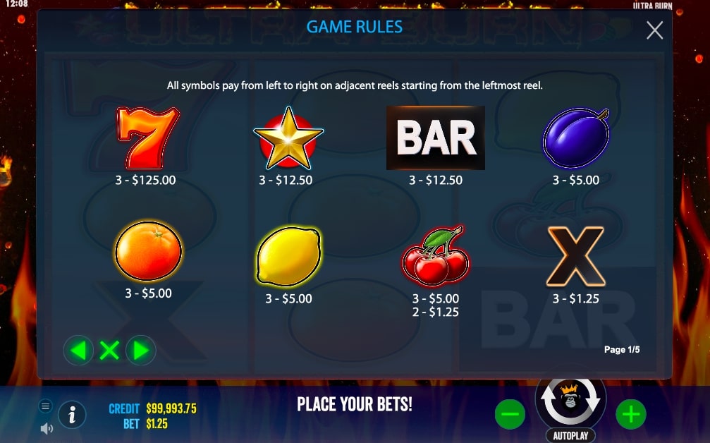 Pragmatic Play Ultra Burn Slot Paytable