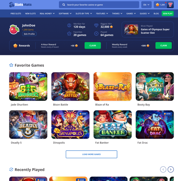 slotsmate user profile favorite games