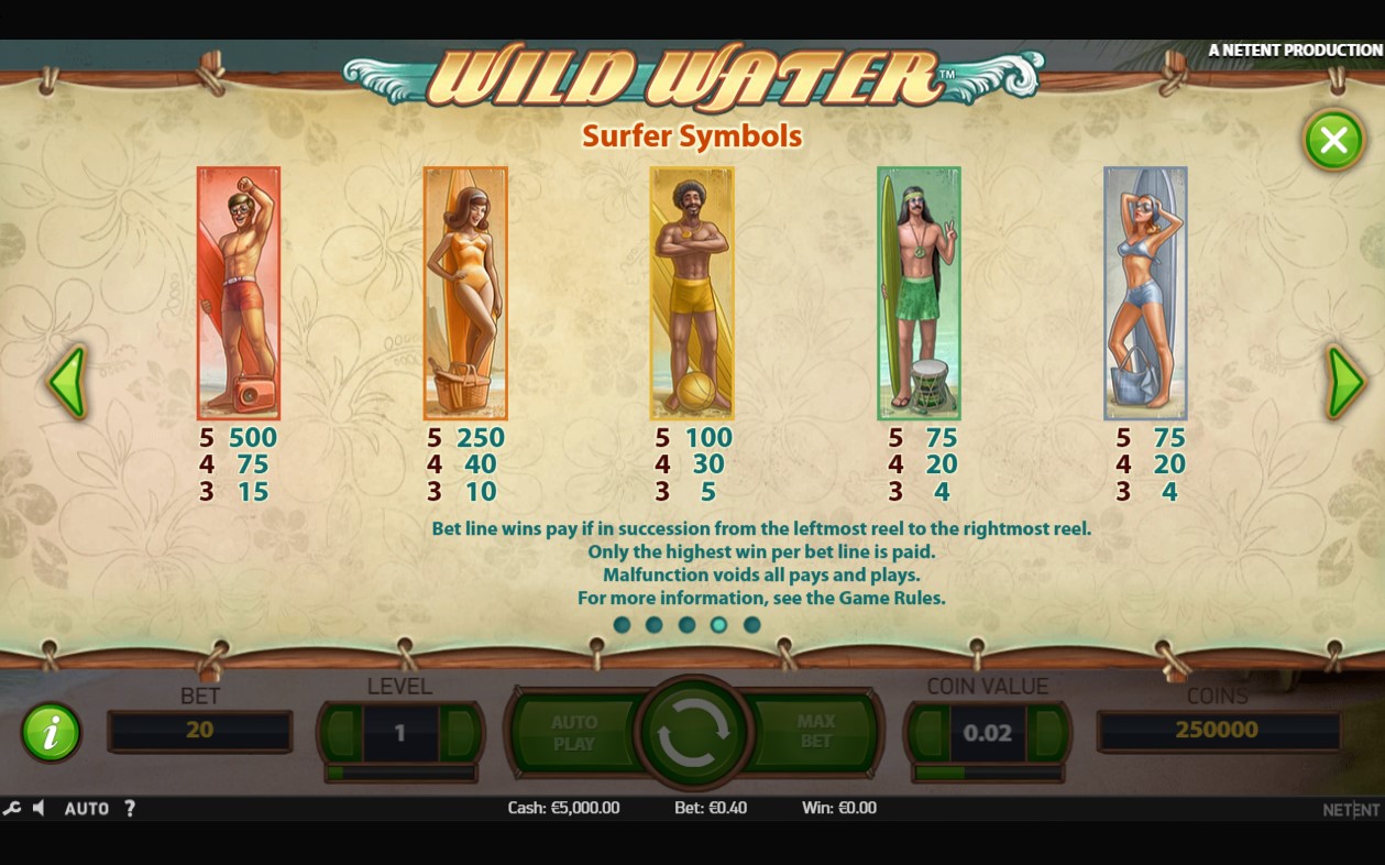 NetEnt Wild Water online video slot paytable
