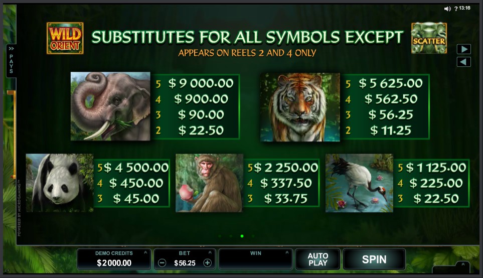 Microgaming Wild Orient online slot game paytable